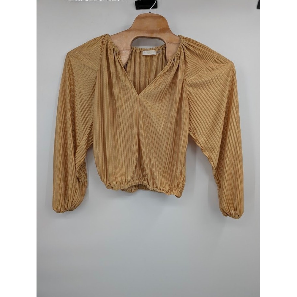 Ramy Brook Lenon Pleated Top Honey Gold Metallic Plisse Cropped Vneck Blouse S